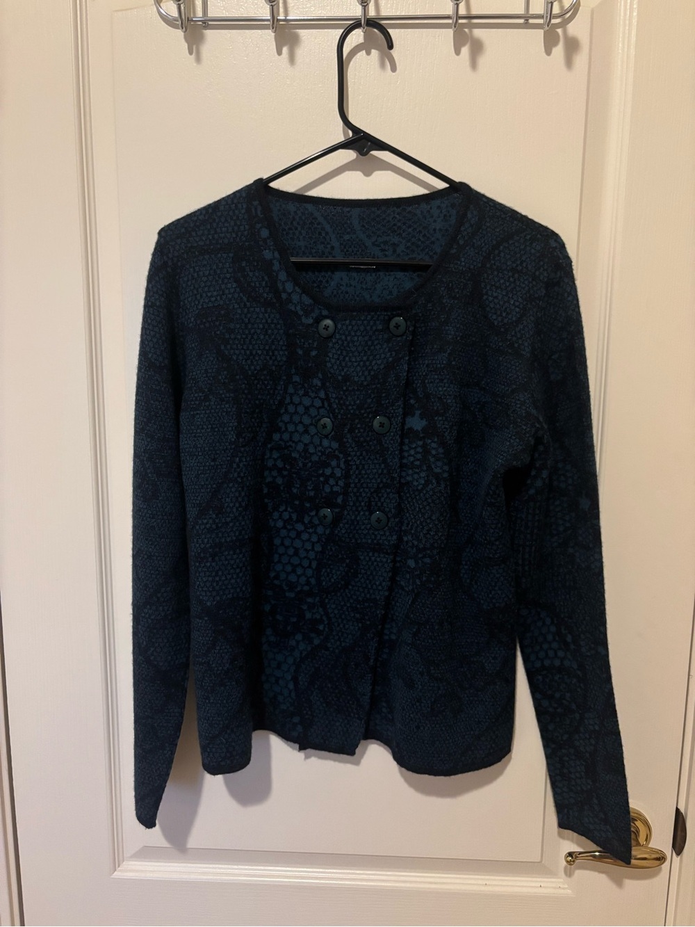 Peruvian Imports Womens Dark Teal Patterned Button Cardigan Sweater